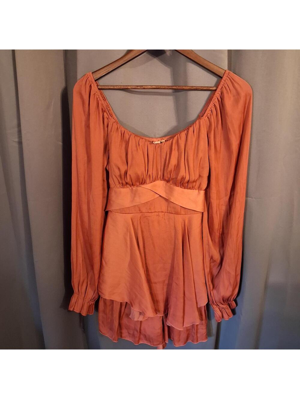 Long Sleeve Rust Orange Dress with Waist Tie - Size Large